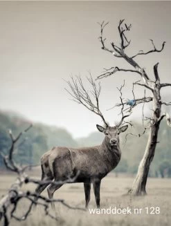 Wanddoek Hert Gewei En Blauw Vogeltje 60x80 Cm