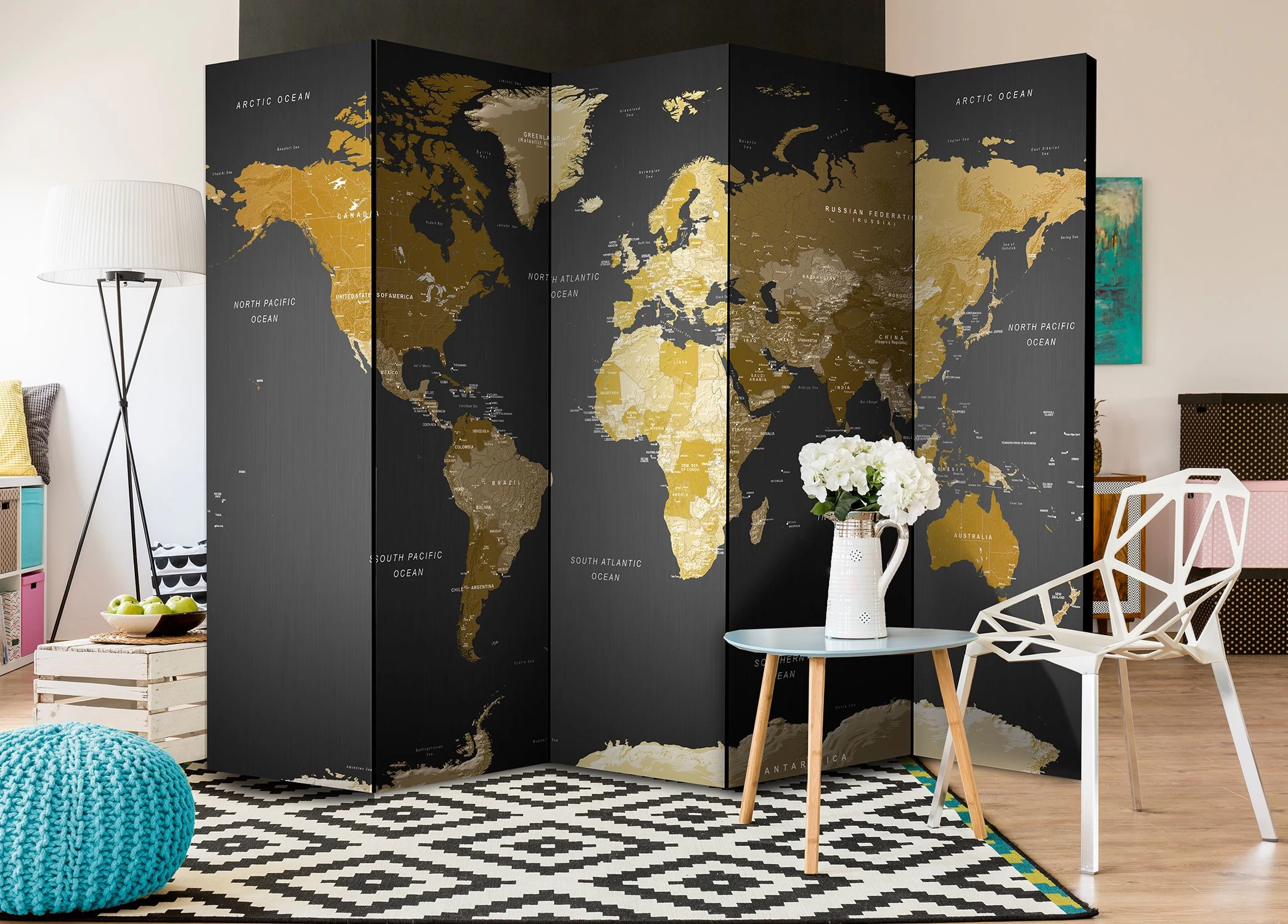 Vouwscherm - Room Divider - World Map On Dark Background 4 Vouwscherm - Room Divider - World Map On Dark Background - Afbeelding 2