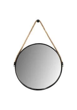 Ronde Wandspiegel Met Touw - Metaal/touw - Zwart/naturel - ø63x3,5 Cm